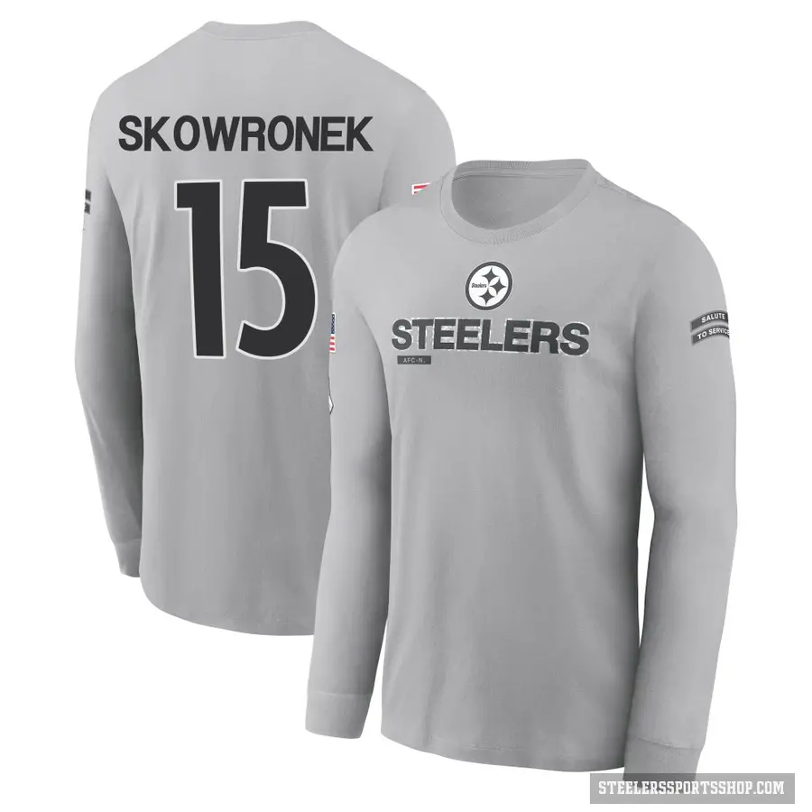 Men's ＃15 Ben Skowronek Pittsburgh Steelers Gray 2024 Salute to Service Long Sleeve T-Shirt