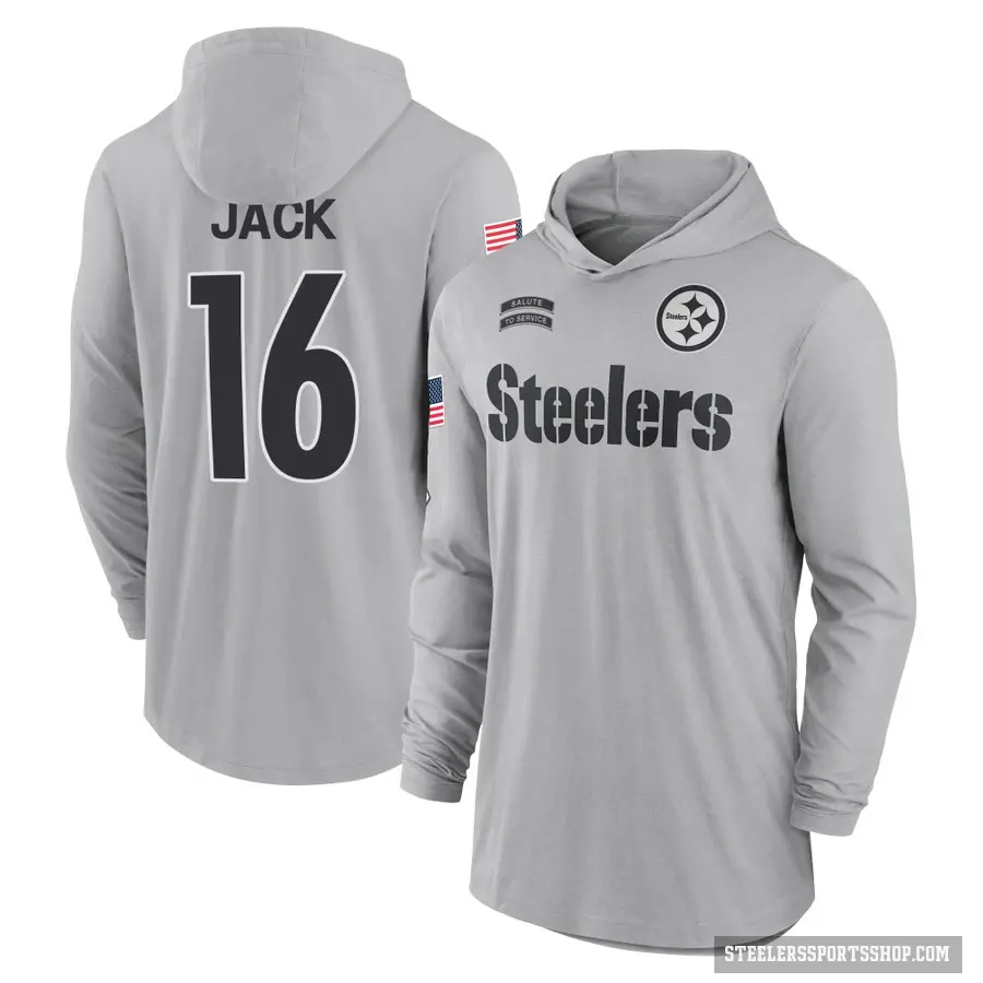 Men's ＃16 Myles Jack Pittsburgh Steelers Gray 2024 Salute to Service Lightweight Performance Long Sleeve Hooded T-Shirt