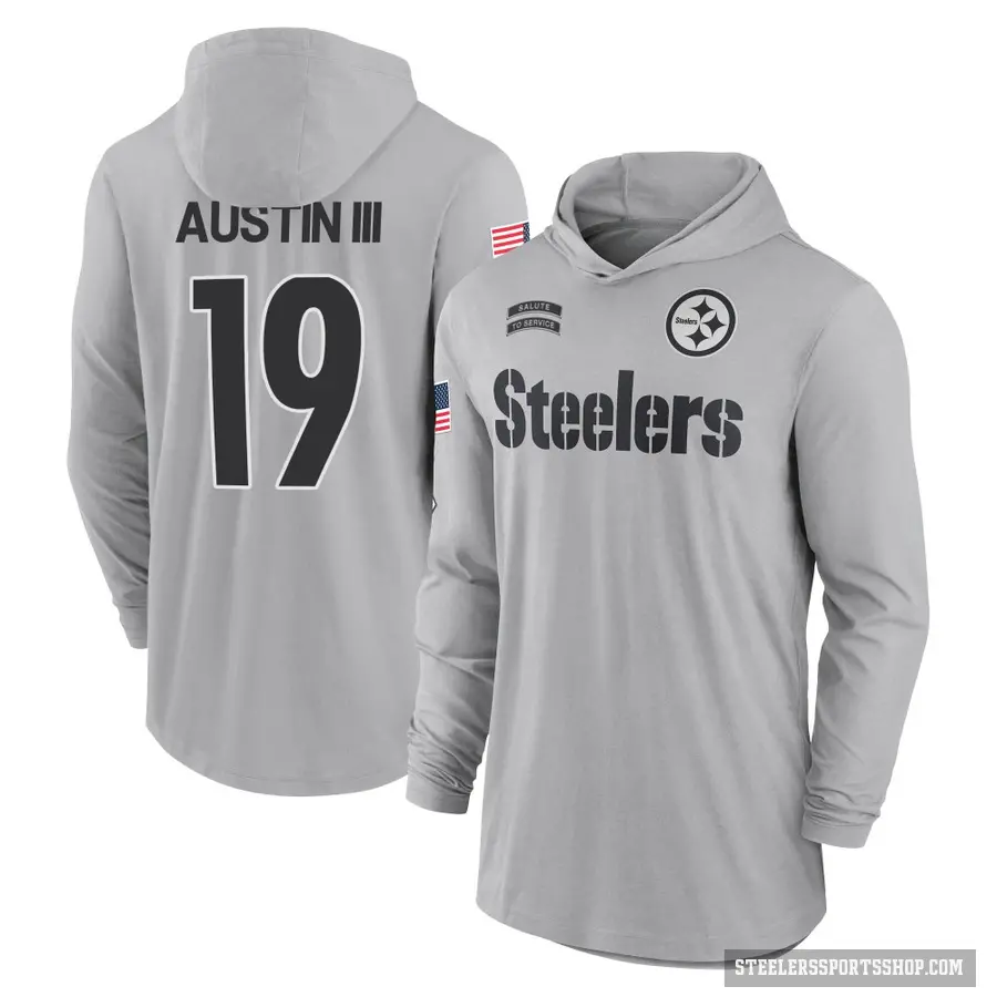 Men's ＃19 Calvin Austin III Pittsburgh Steelers Gray 2024 Salute to Service Lightweight Performance Long Sleeve Hooded T-Shirt