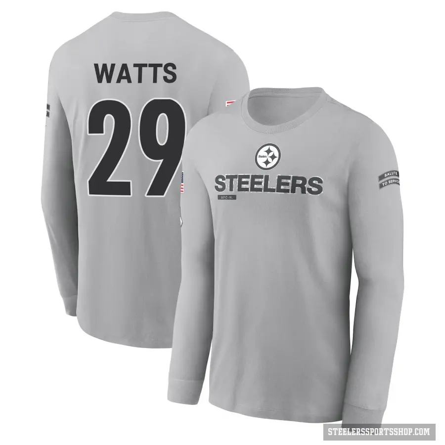 Men's ＃29 Ryan Watts Pittsburgh Steelers Gray 2024 Salute to Service Long Sleeve T-Shirt
