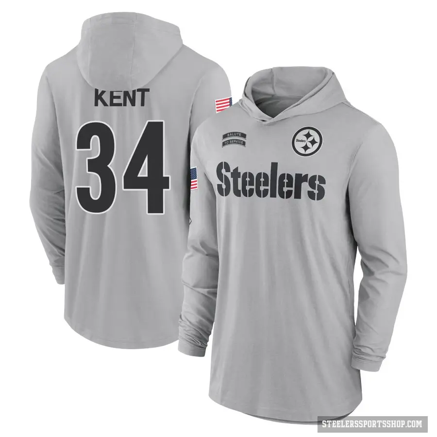Men's ＃34 Donte Kent Pittsburgh Steelers Gray 2024 Salute to Service Lightweight Performance Long Sleeve Hooded T-Shirt