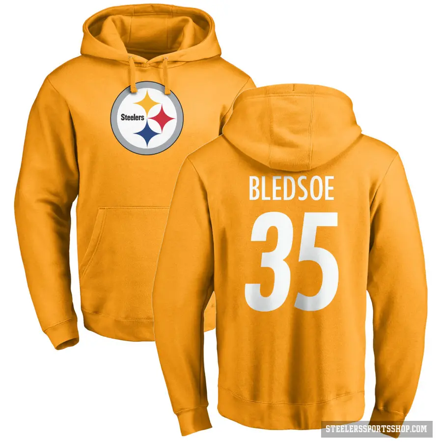 Men's ＃35 Joshuah Bledsoe Pittsburgh Steelers Gold Pro Line Name & Number Logo Pullover Hoodie