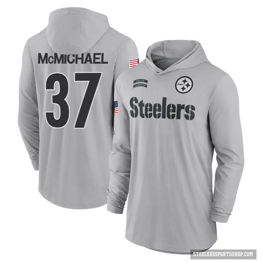 Men's ＃37 Kyler McMichael Pittsburgh Steelers Gray 2024 Salute to Service Lightweight Performance Long Sleeve Hooded T-Shirt