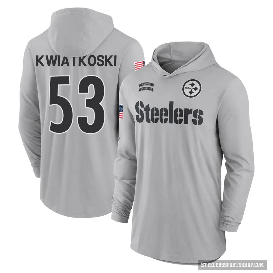 Men's ＃53 Nick Kwiatkoski Pittsburgh Steelers Gray 2024 Salute to Service Lightweight Performance Long Sleeve Hooded T-Shirt