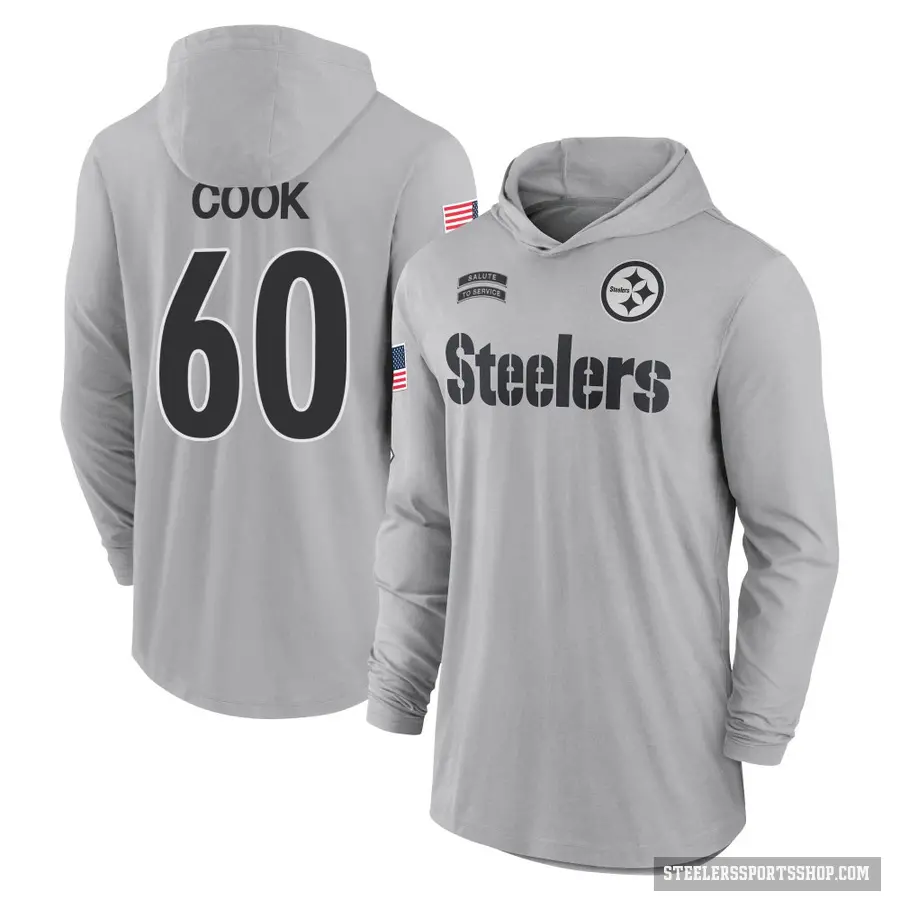 Men's ＃60 Dylan Cook Pittsburgh Steelers Gray 2024 Salute to Service Lightweight Performance Long Sleeve Hooded T-Shirt