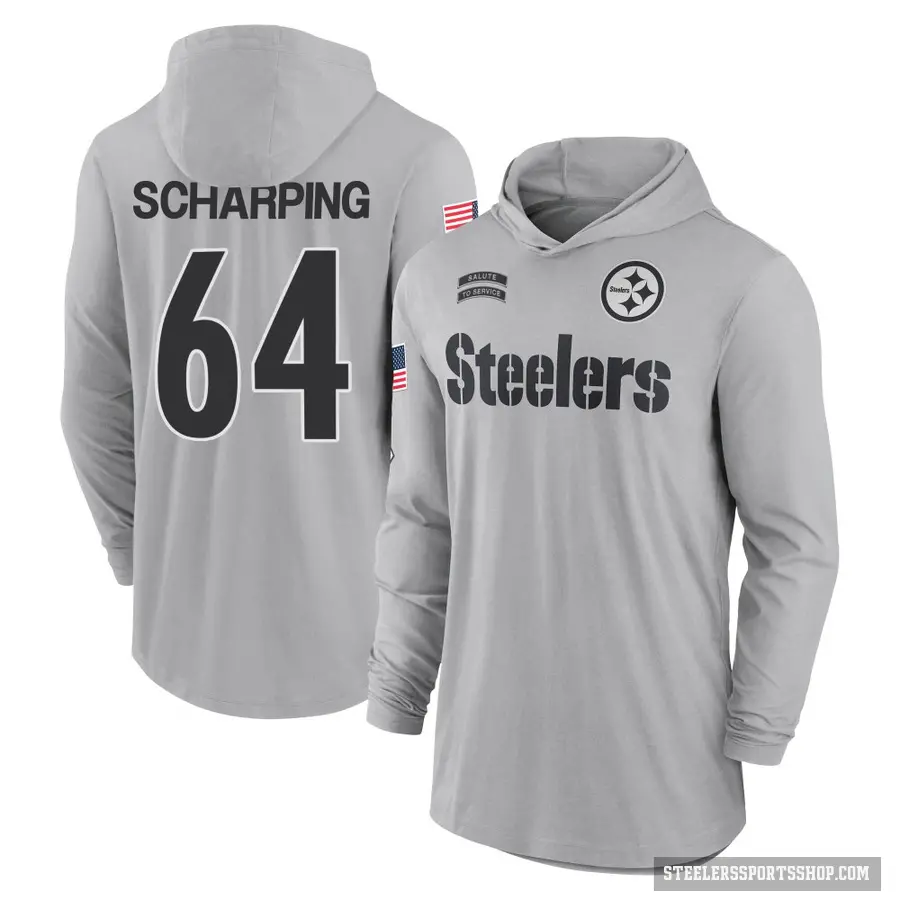 Men's ＃64 Max Scharping Pittsburgh Steelers Gray 2024 Salute to Service Lightweight Performance Long Sleeve Hooded T-Shirt