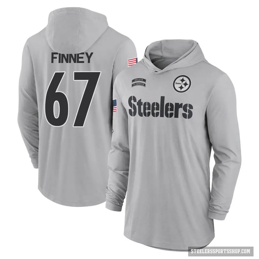 Men's ＃67 B.J. Finney Pittsburgh Steelers Gray 2024 Salute to Service Lightweight Performance Long Sleeve Hooded T-Shirt