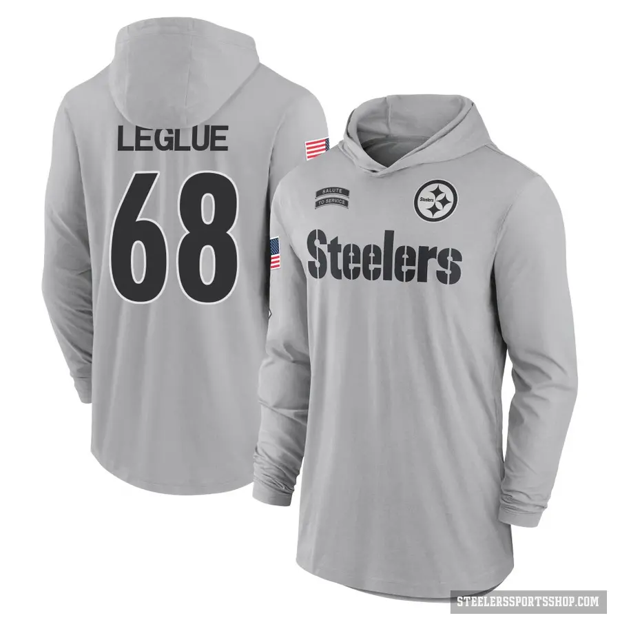 Men's ＃68 John Leglue Pittsburgh Steelers Gray 2024 Salute to Service Lightweight Performance Long Sleeve Hooded T-Shirt