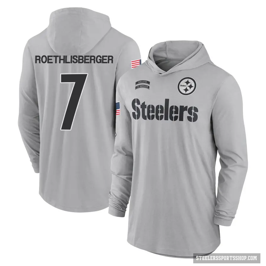 Men's ＃7 Ben Roethlisberger Pittsburgh Steelers Gray 2024 Salute to Service Lightweight Performance Long Sleeve Hooded T-Shirt