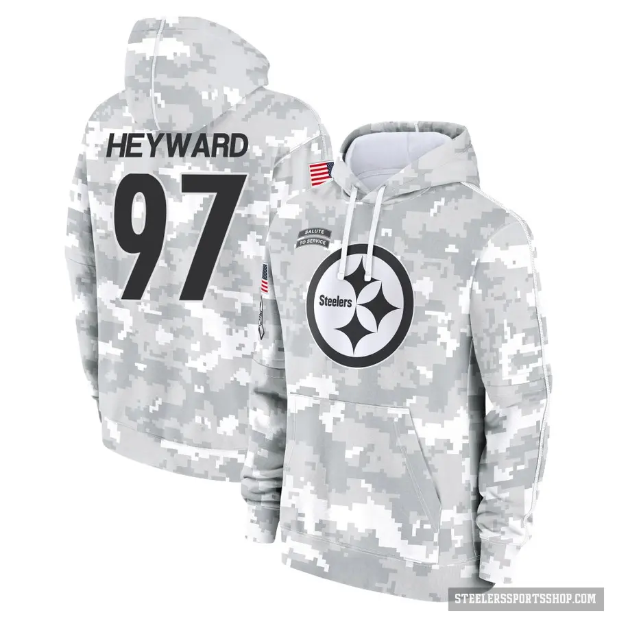 Men's ＃97 Cameron Heyward Pittsburgh Steelers Arctic Camo 2024 Salute to Service Club Fleece Pullover Hoodie