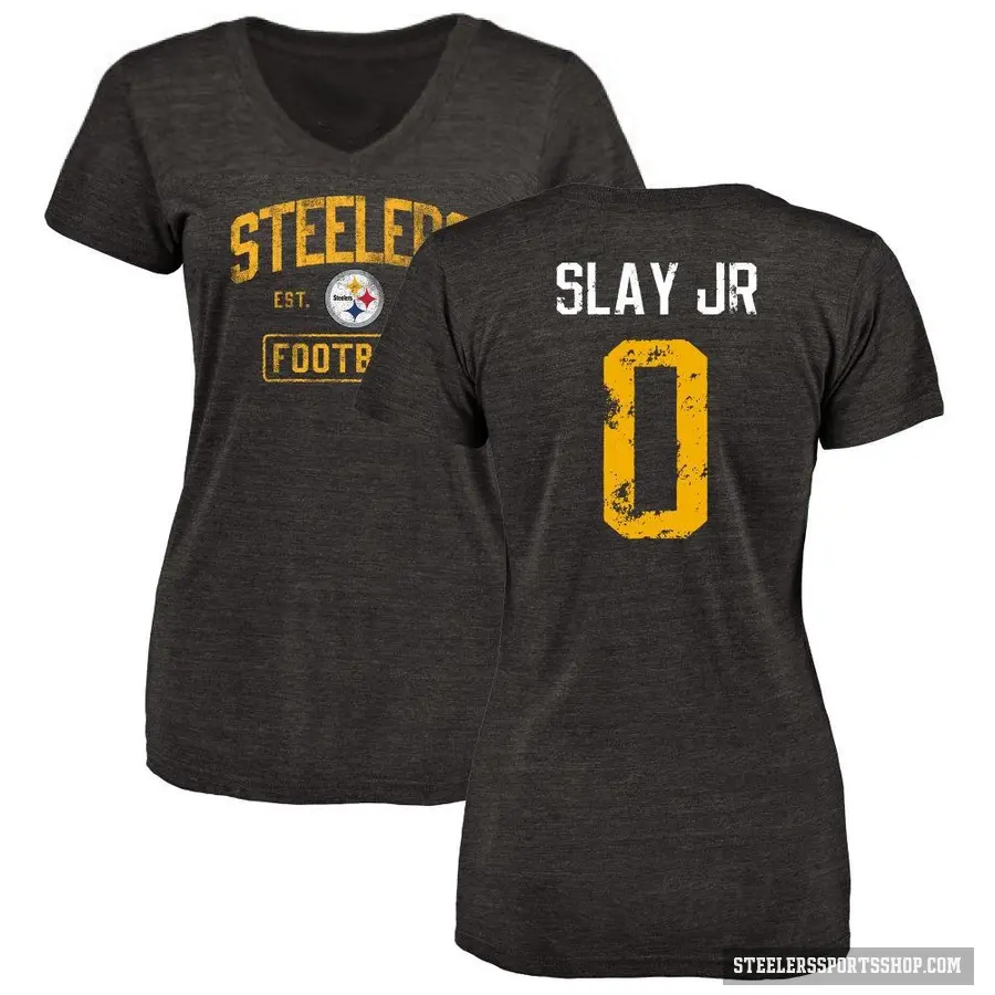 Women's ＃0 Darius Slay Jr. Pittsburgh Steelers Black Distressed V-Neck T-Shirt