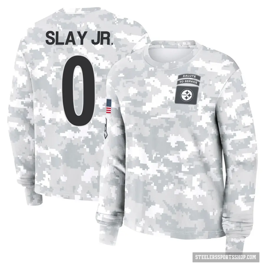Women's ＃0 Darius Slay Jr. Pittsburgh Steelers Camo Arctic 2024 Salute to Service Long Sleeve T-Shirt