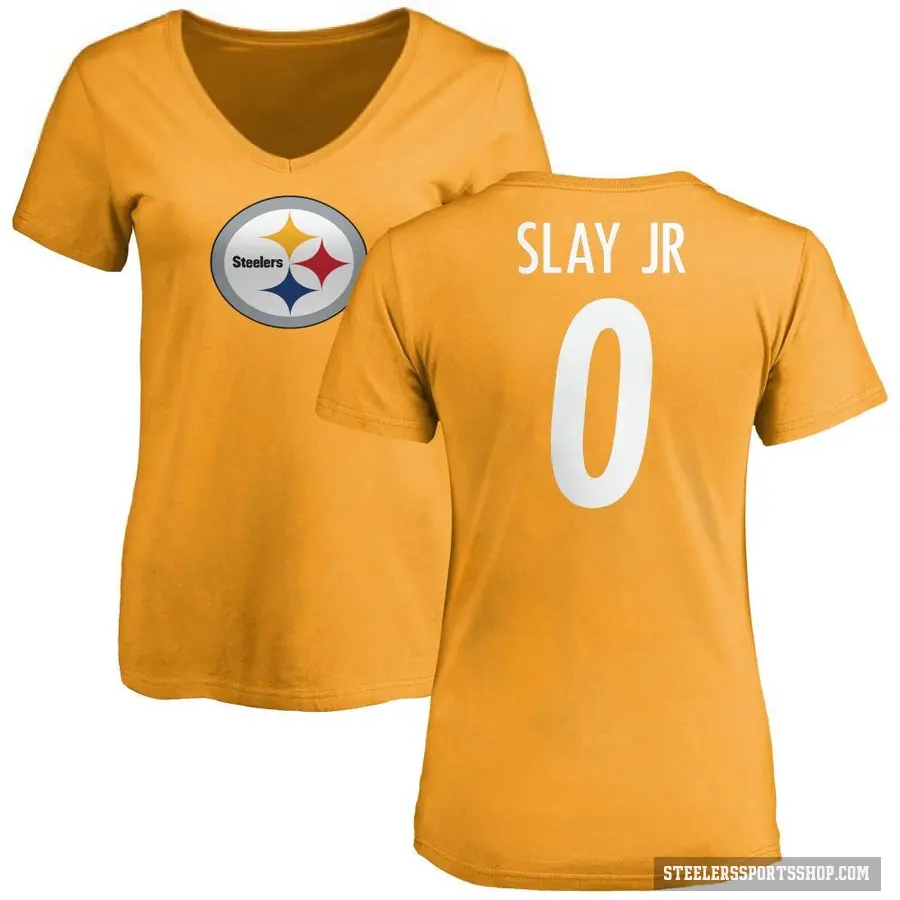 Women's ＃0 Darius Slay Jr. Pittsburgh Steelers Gold Logo Slim Fit T-Shirt