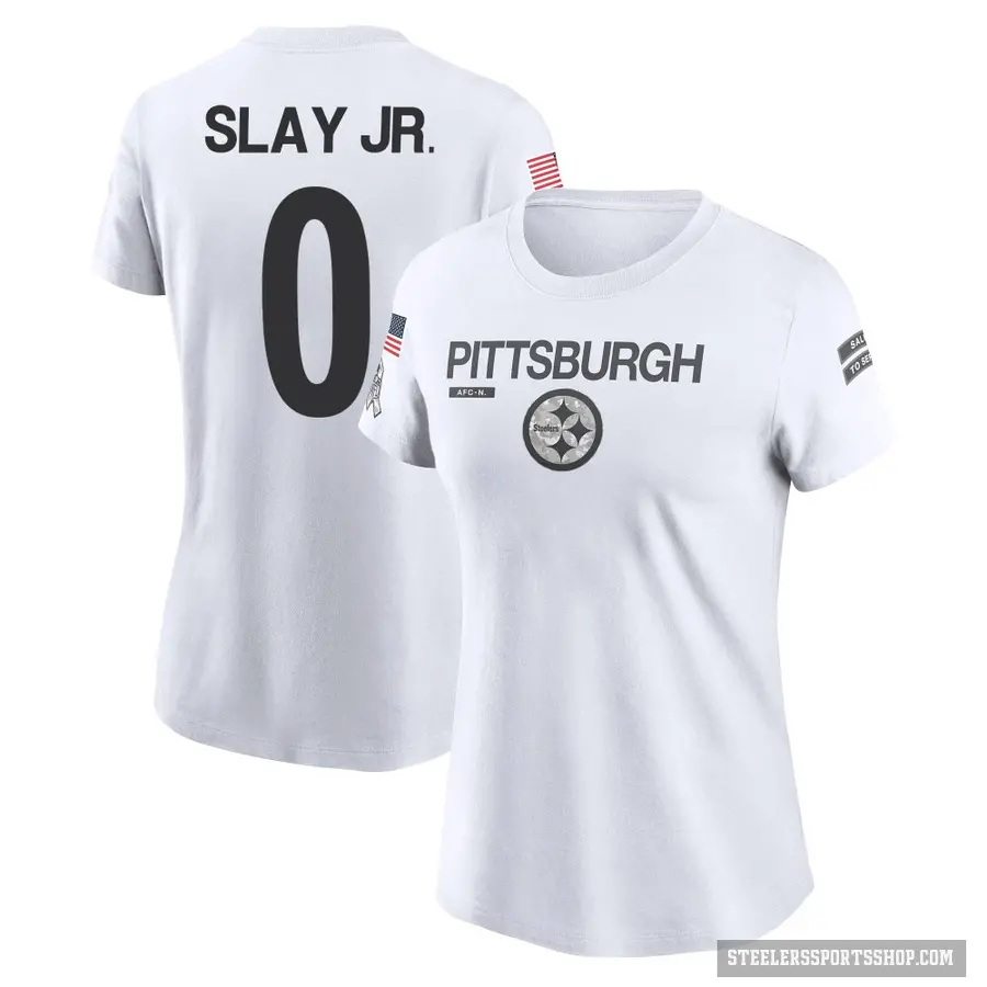 Women's ＃0 Darius Slay Jr. Pittsburgh Steelers White 2024 Salute to Service Performance T-Shirt