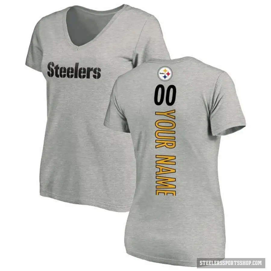 Women's ＃00 Custom Pittsburgh Steelers Ash Backer V-Neck T-Shirt