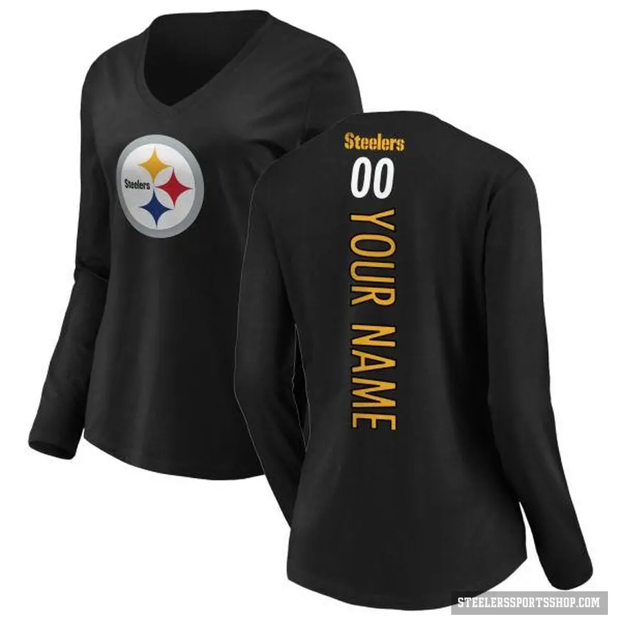 Women's ＃00 Custom Pittsburgh Steelers Black Backer Slim Fit Long Sleeve T-Shirt