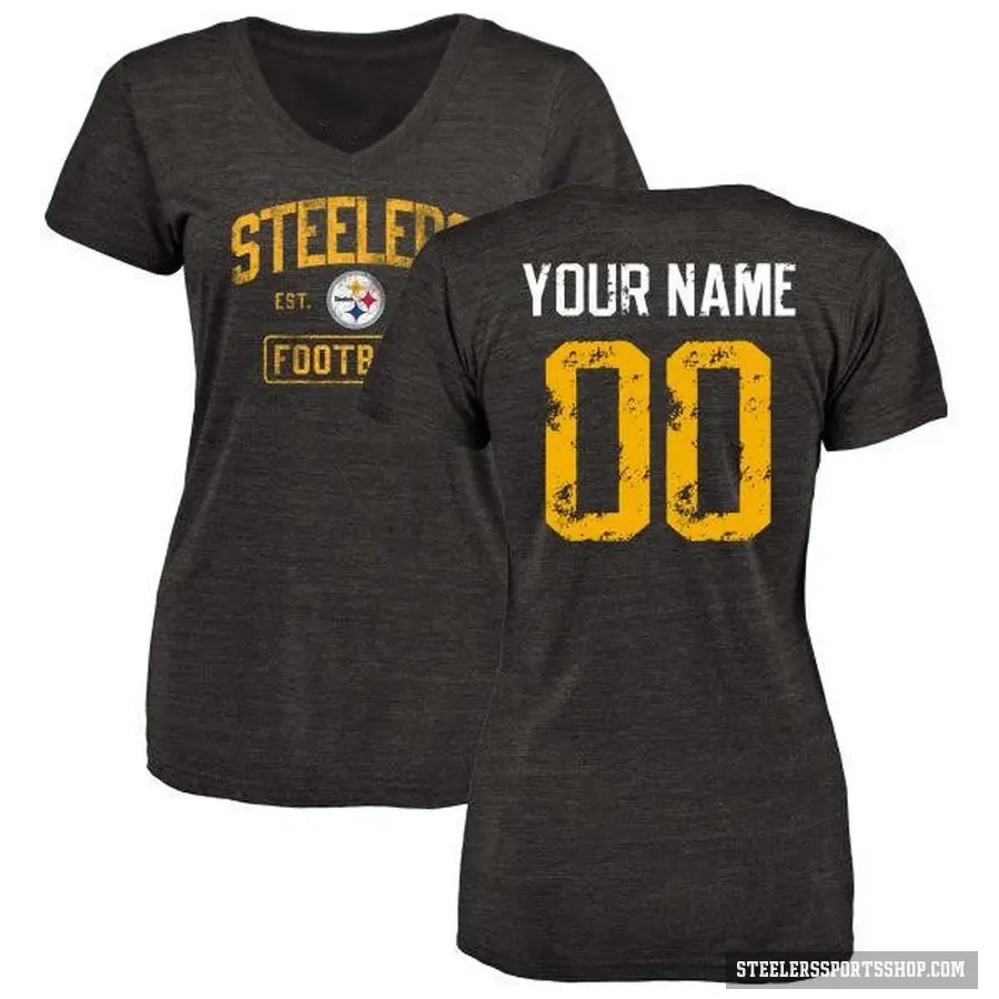 Women's ＃00 Custom Pittsburgh Steelers Black Distressed V-Neck T-Shirt
