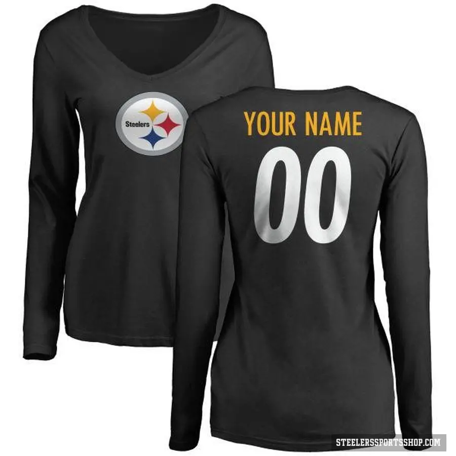 Women's ＃00 Custom Pittsburgh Steelers Black Logo Slim Fit Long Sleeve T-Shirt
