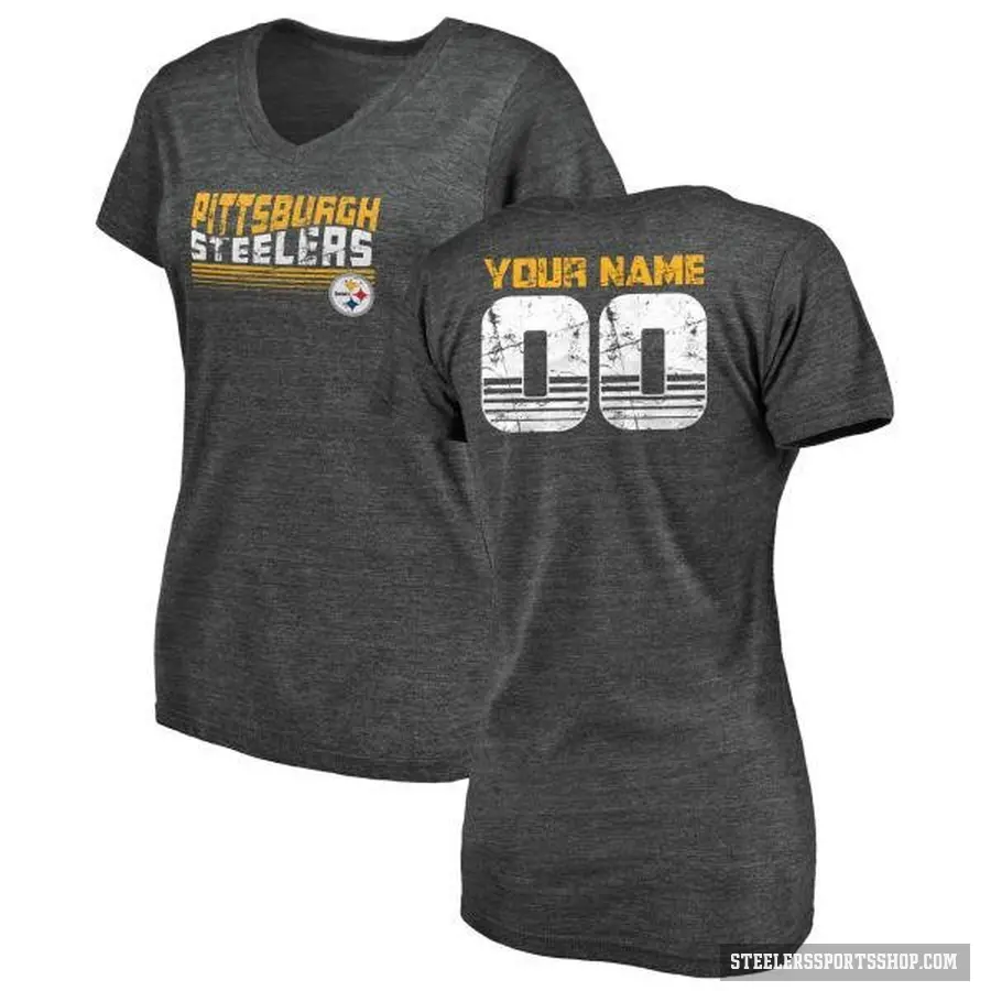 Women's ＃00 Custom Pittsburgh Steelers Black Retro V-Neck T-Shirt