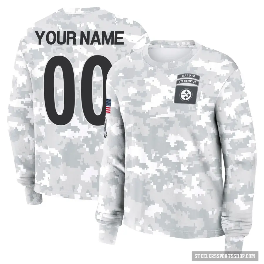 Women's ＃00 Custom Pittsburgh Steelers Camo Arctic 2024 Salute to Service Long Sleeve T-Shirt