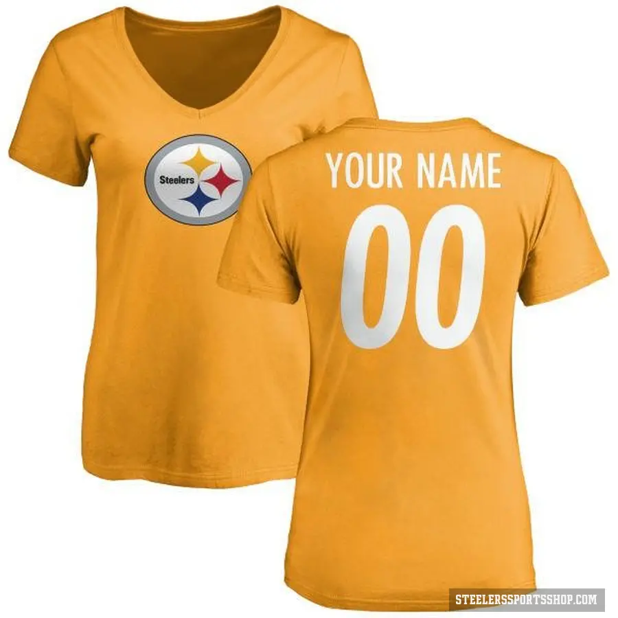 Women's ＃00 Custom Pittsburgh Steelers Gold Logo Slim Fit T-Shirt