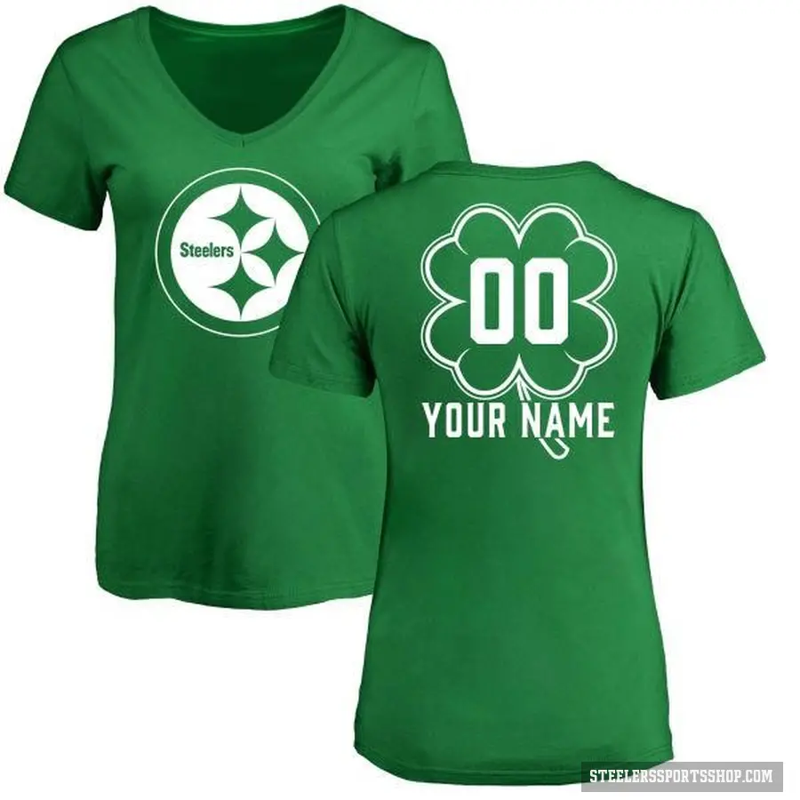 Women's ＃00 Custom Pittsburgh Steelers Green St. Patrick's Day V-Neck T-Shirt
