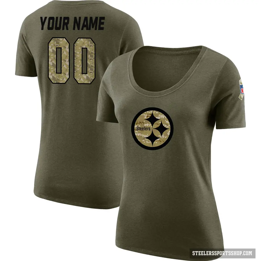 Women's ＃00 Custom Pittsburgh Steelers Olive Salute to Service Scoop Neck T-Shirt
