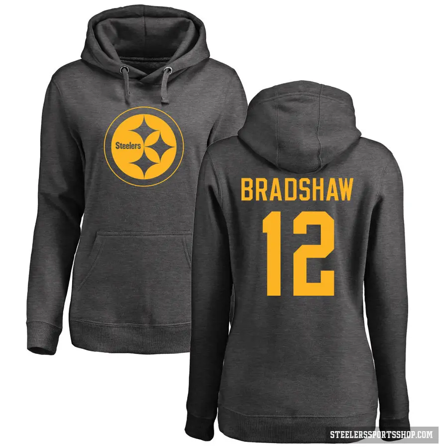 Women's ＃12 Terry Bradshaw Pittsburgh Steelers Pro Line by Branded Ash One Color Pullover Hoodie