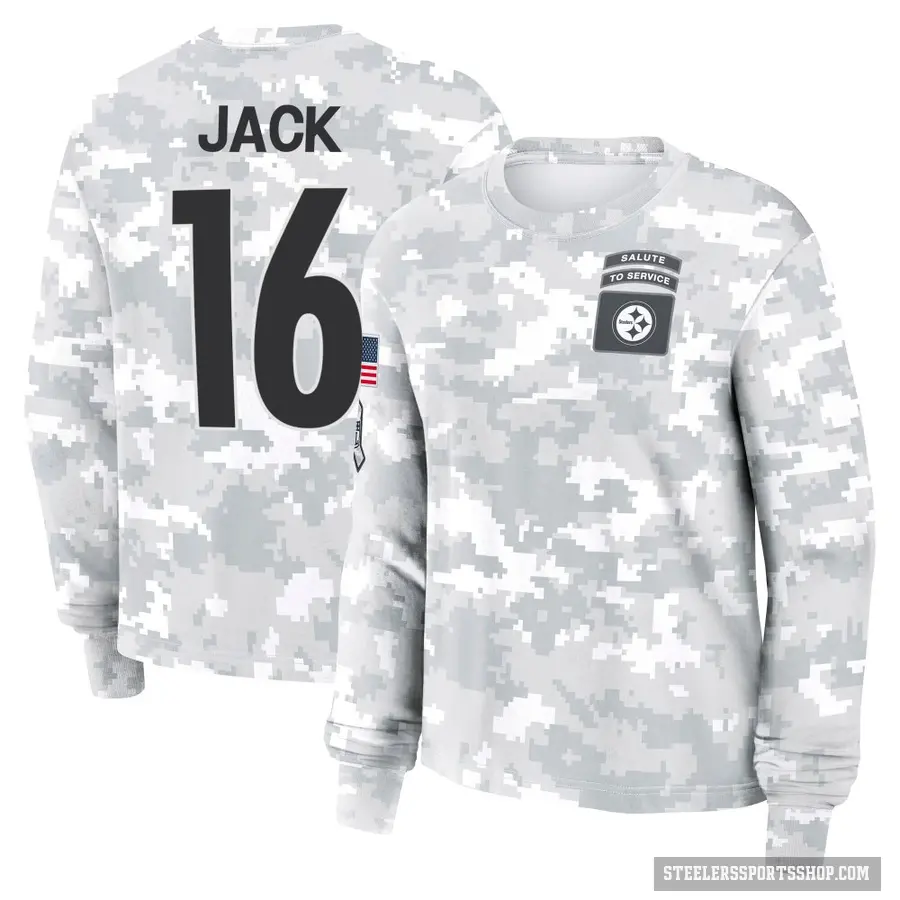 Women's ＃16 Myles Jack Pittsburgh Steelers Camo Arctic 2024 Salute to Service Long Sleeve T-Shirt