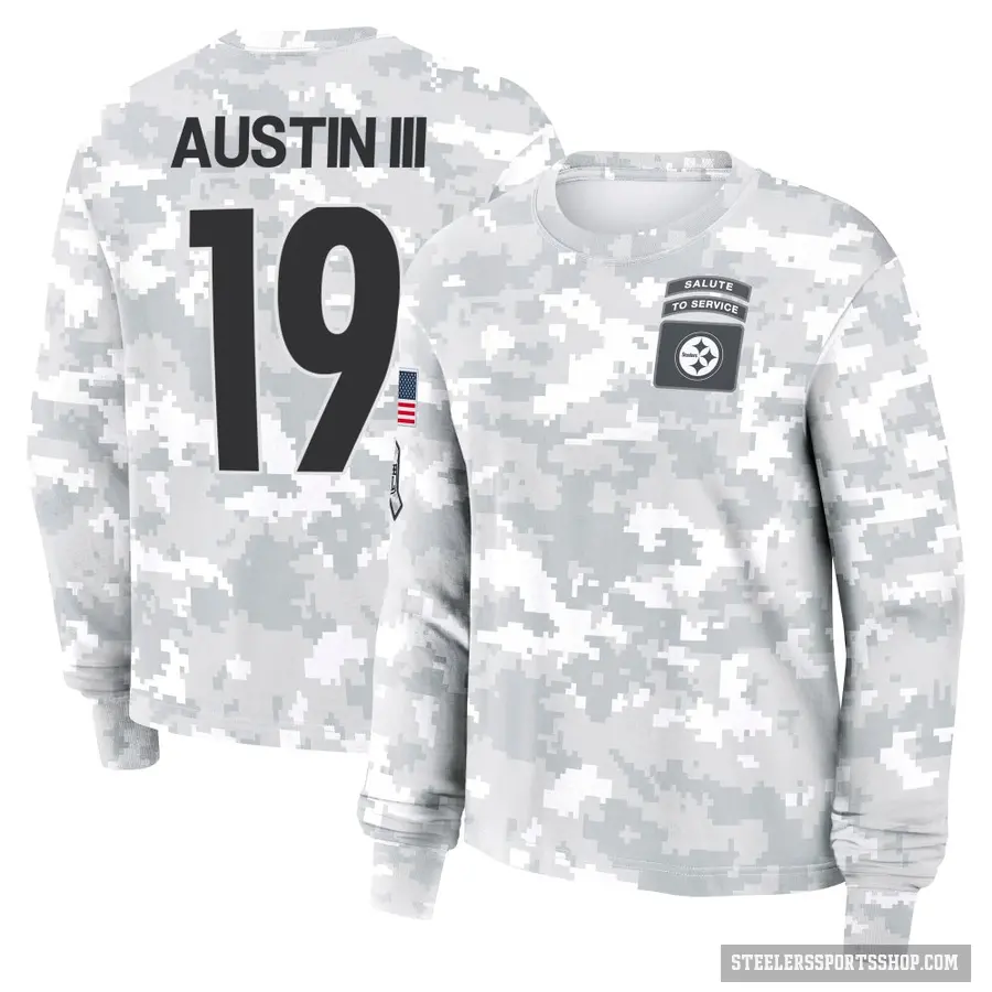 Women's ＃19 Calvin Austin III Pittsburgh Steelers Camo Arctic 2024 Salute to Service Long Sleeve T-Shirt