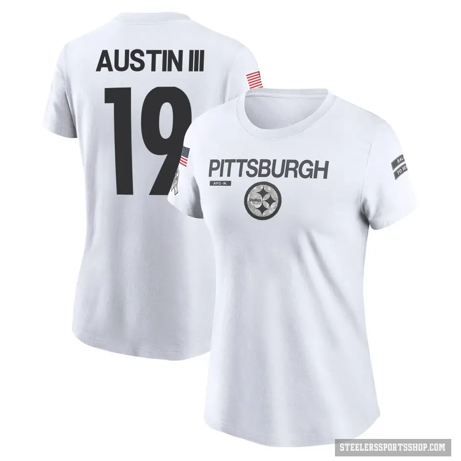 Women's ＃19 Calvin Austin III Pittsburgh Steelers White 2024 Salute to Service Performance T-Shirt