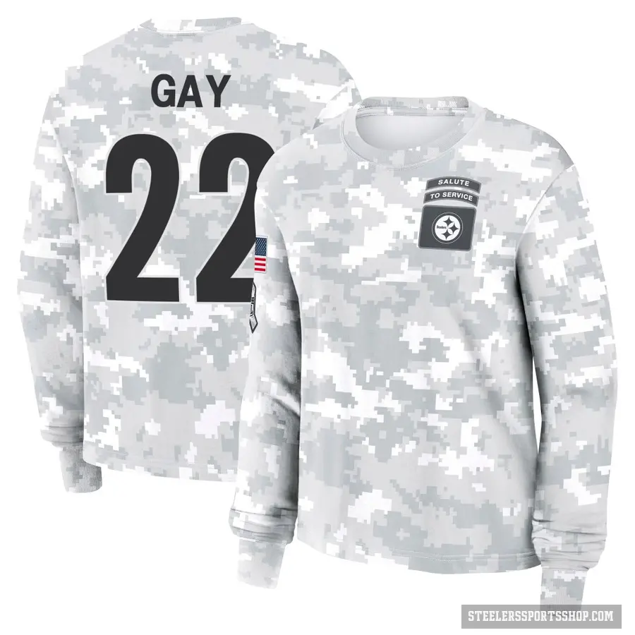 Women's ＃22 William Gay Pittsburgh Steelers Camo Arctic 2024 Salute to Service Long Sleeve T-Shirt