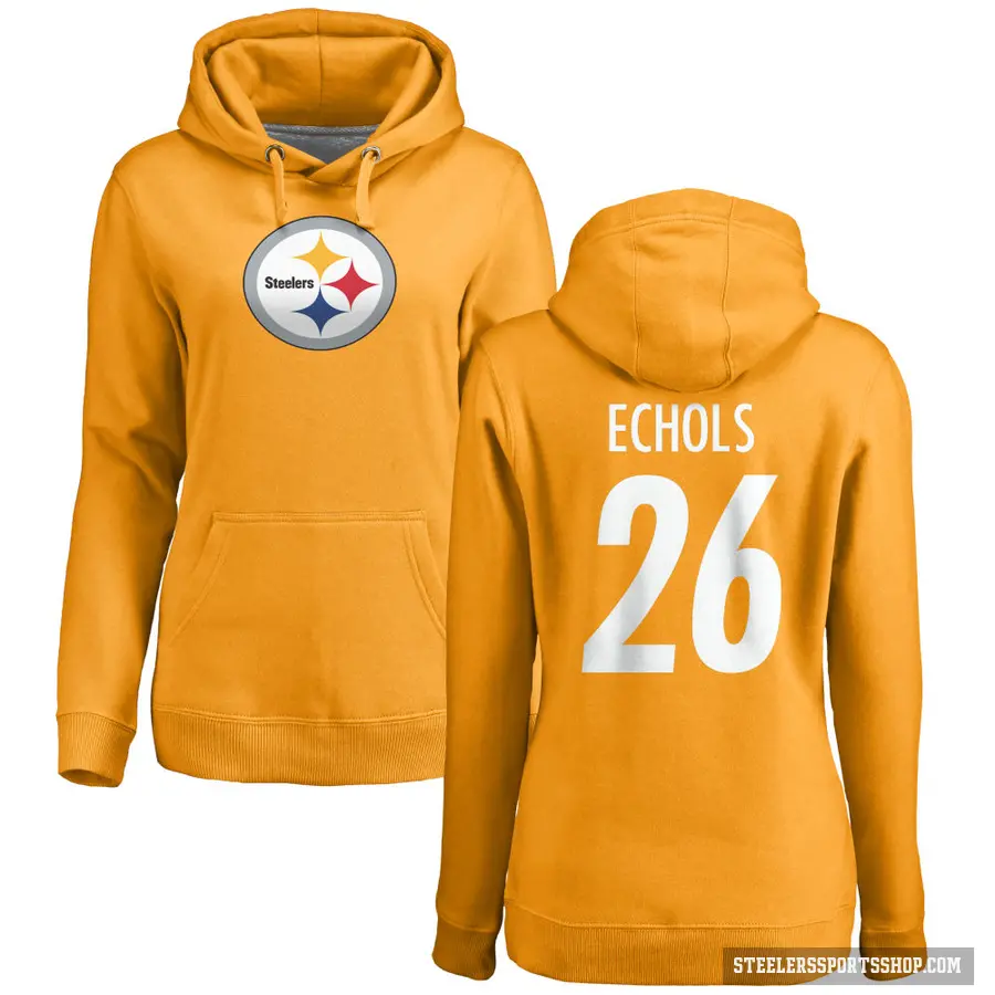 Women's ＃26 Brandin Echols Pittsburgh Steelers Gold Pro Line Name & Number Logo Pullover Hoodie