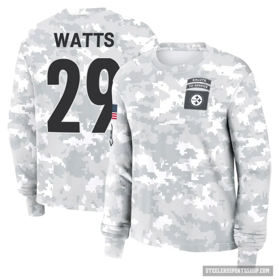 Women's ＃29 Ryan Watts Pittsburgh Steelers Camo Arctic 2024 Salute to Service Long Sleeve T-Shirt