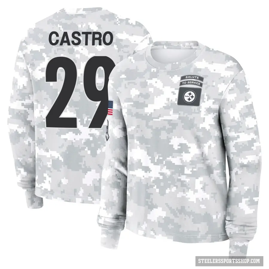 Women's ＃29 Sebastian Castro Pittsburgh Steelers Camo Arctic 2024 Salute to Service Long Sleeve T-Shirt