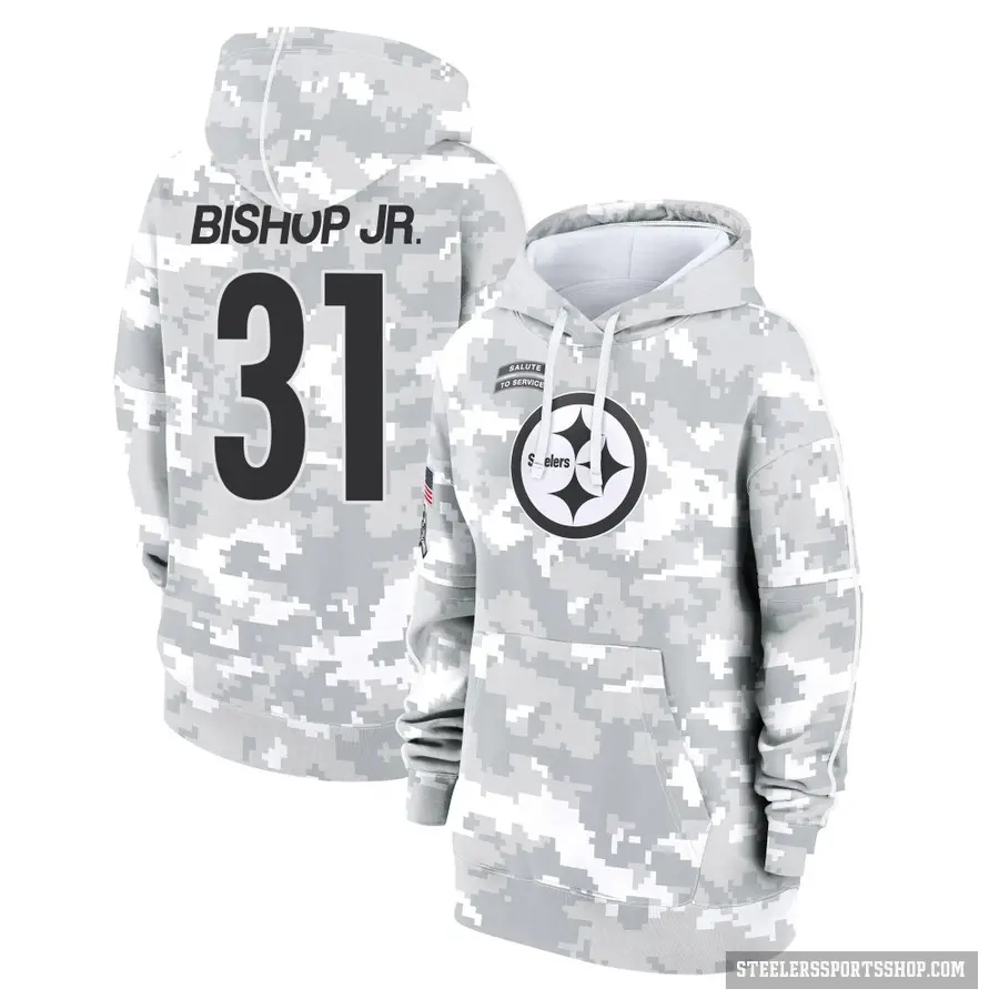 Women's ＃31 Beanie Bishop Jr. Pittsburgh Steelers Arctic Camo 2024 Salute to Service Club Fleece Pullover Hoodie