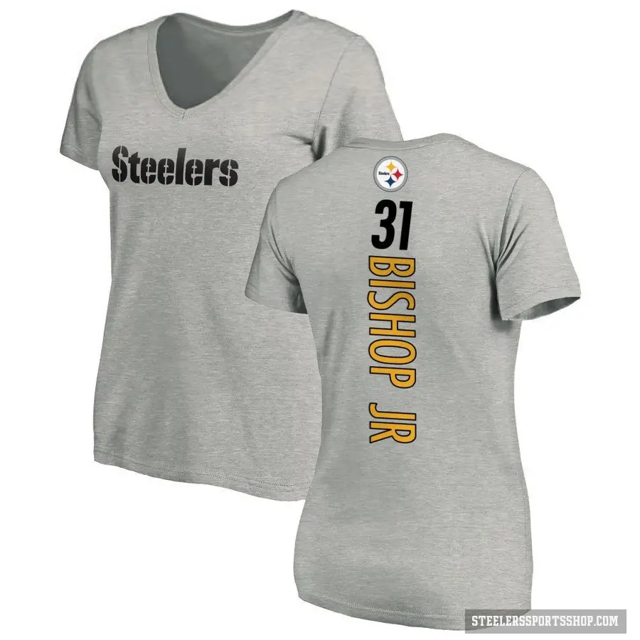 Women's ＃31 Beanie Bishop Jr. Pittsburgh Steelers Ash Backer V-Neck T-Shirt