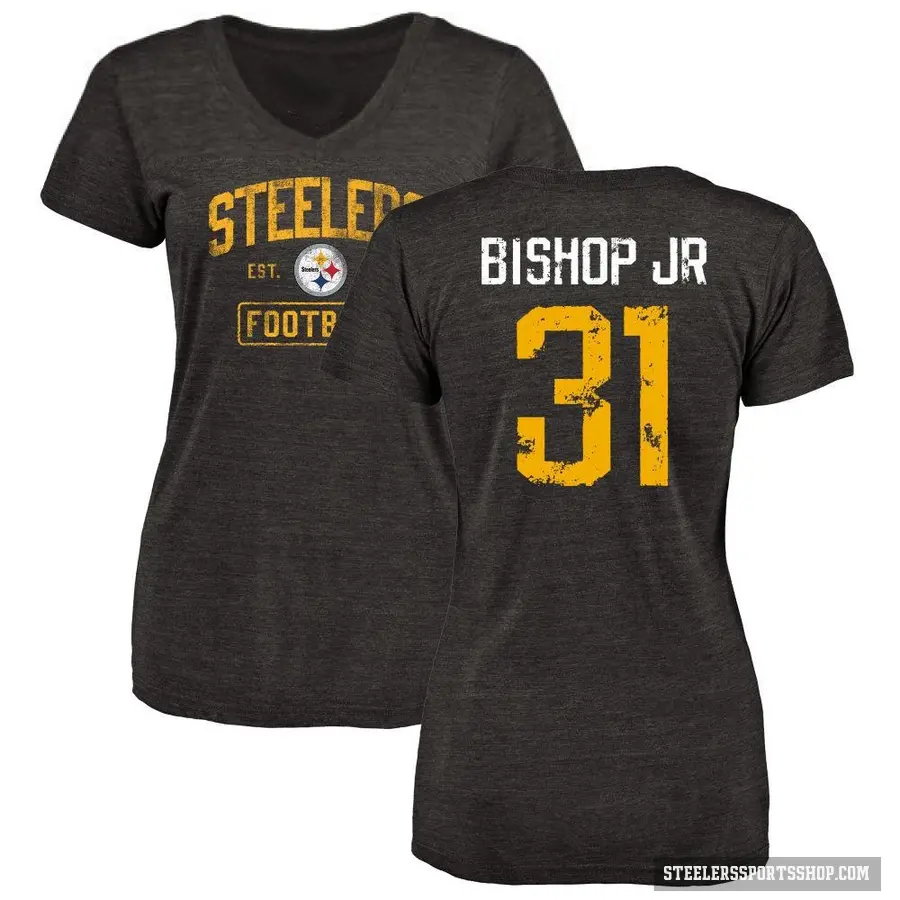 Women's ＃31 Beanie Bishop Jr. Pittsburgh Steelers Black Distressed V-Neck T-Shirt