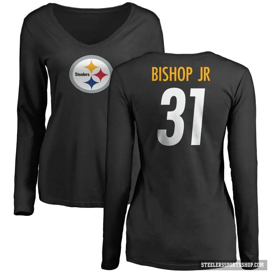 Women's ＃31 Beanie Bishop Jr. Pittsburgh Steelers Black Logo Slim Fit Long Sleeve T-Shirt