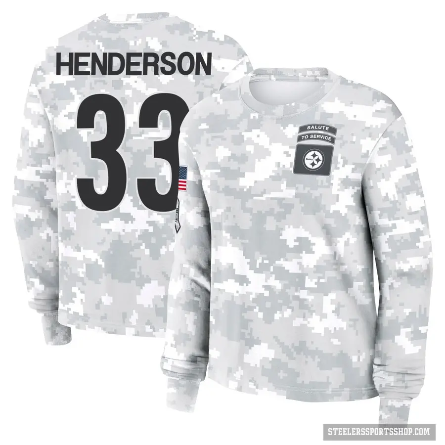 Women's ＃33 C.J. Henderson Pittsburgh Steelers Camo Arctic 2024 Salute to Service Long Sleeve T-Shirt