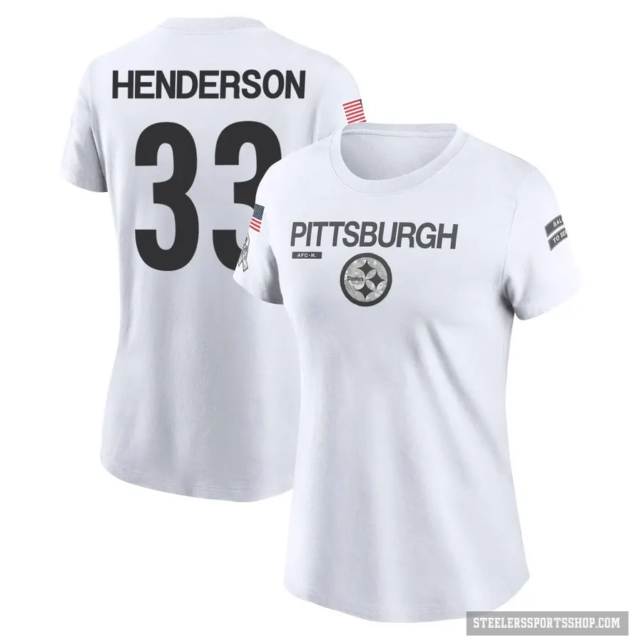 Women's ＃33 C.J. Henderson Pittsburgh Steelers White 2024 Salute to Service Performance T-Shirt