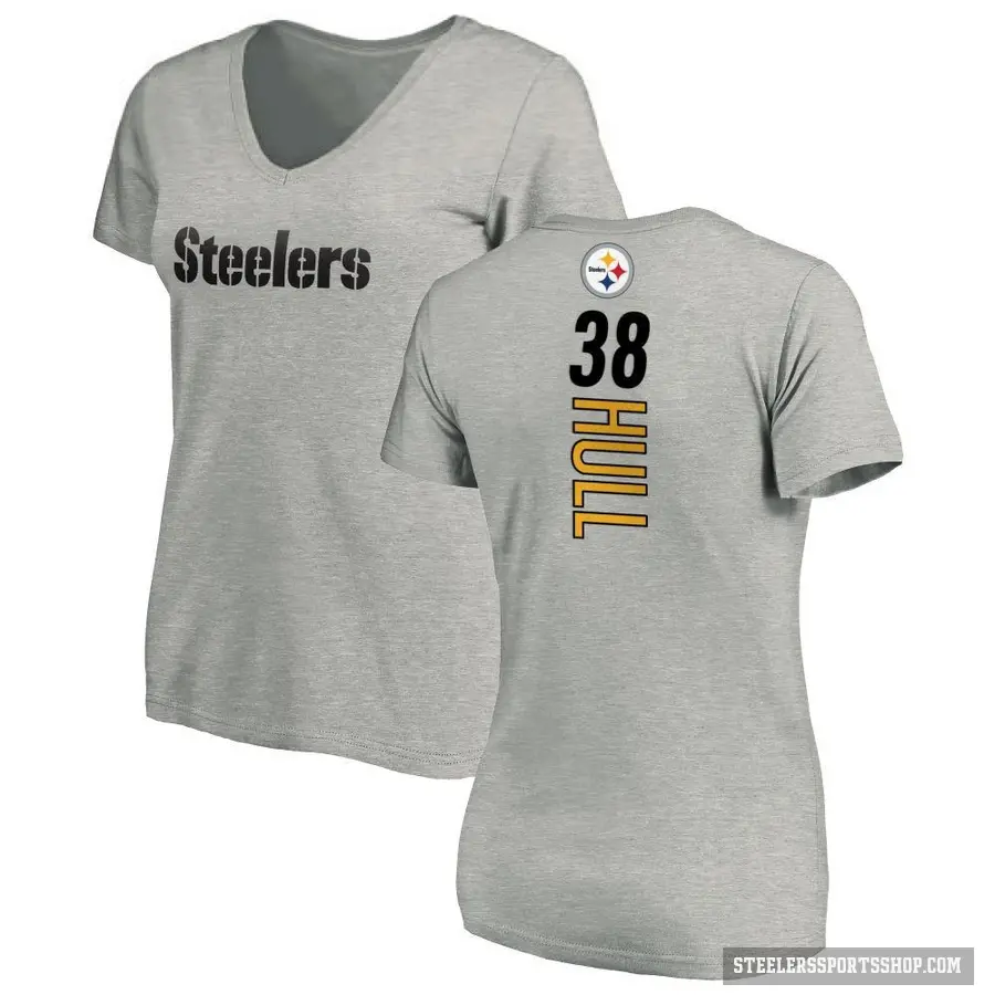 Women's ＃38 Evan Hull Pittsburgh Steelers Ash Backer V-Neck T-Shirt