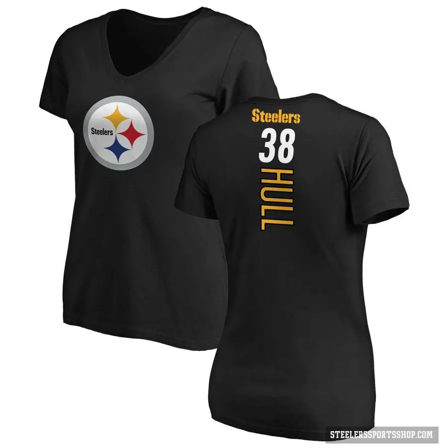 Women's ＃38 Evan Hull Pittsburgh Steelers Black Backer Slim Fit T-Shirt