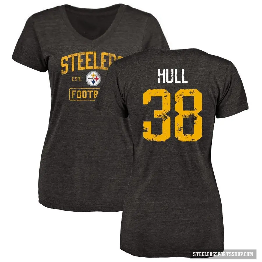 Women's ＃38 Evan Hull Pittsburgh Steelers Black Distressed V-Neck T-Shirt