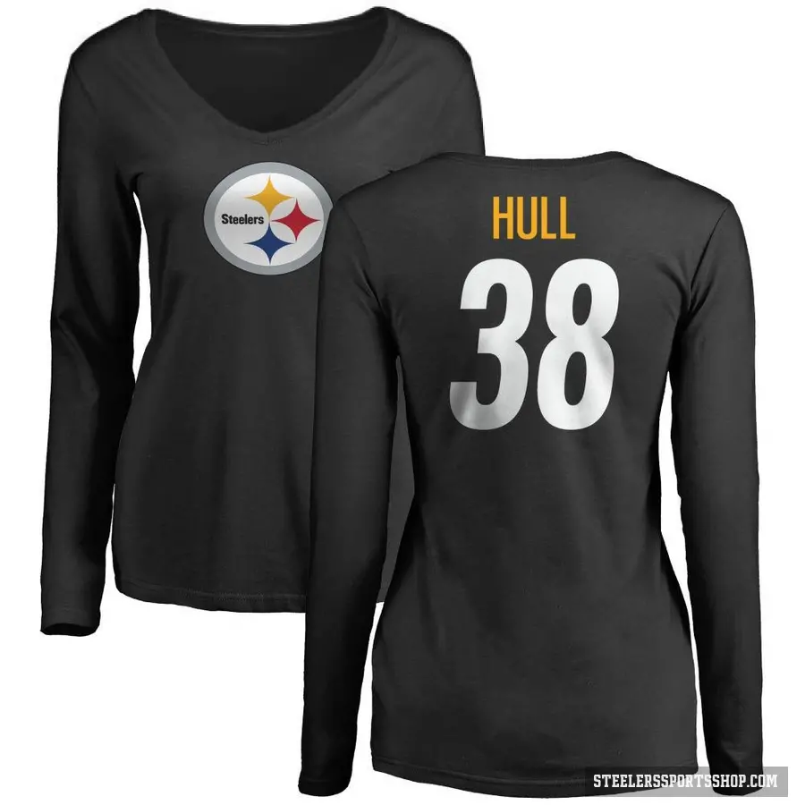 Women's ＃38 Evan Hull Pittsburgh Steelers Black Logo Slim Fit Long Sleeve T-Shirt