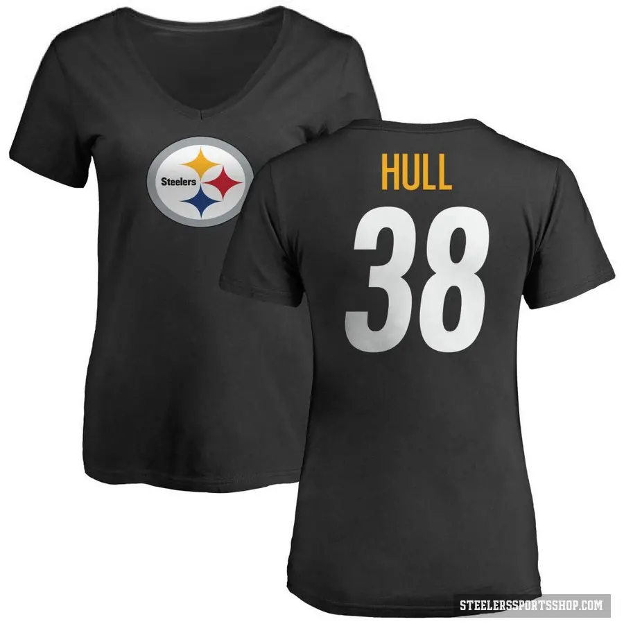 Women's ＃38 Evan Hull Pittsburgh Steelers Black Logo Slim Fit T-Shirt