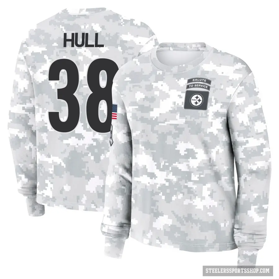 Women's ＃38 Evan Hull Pittsburgh Steelers Camo Arctic 2024 Salute to Service Long Sleeve T-Shirt
