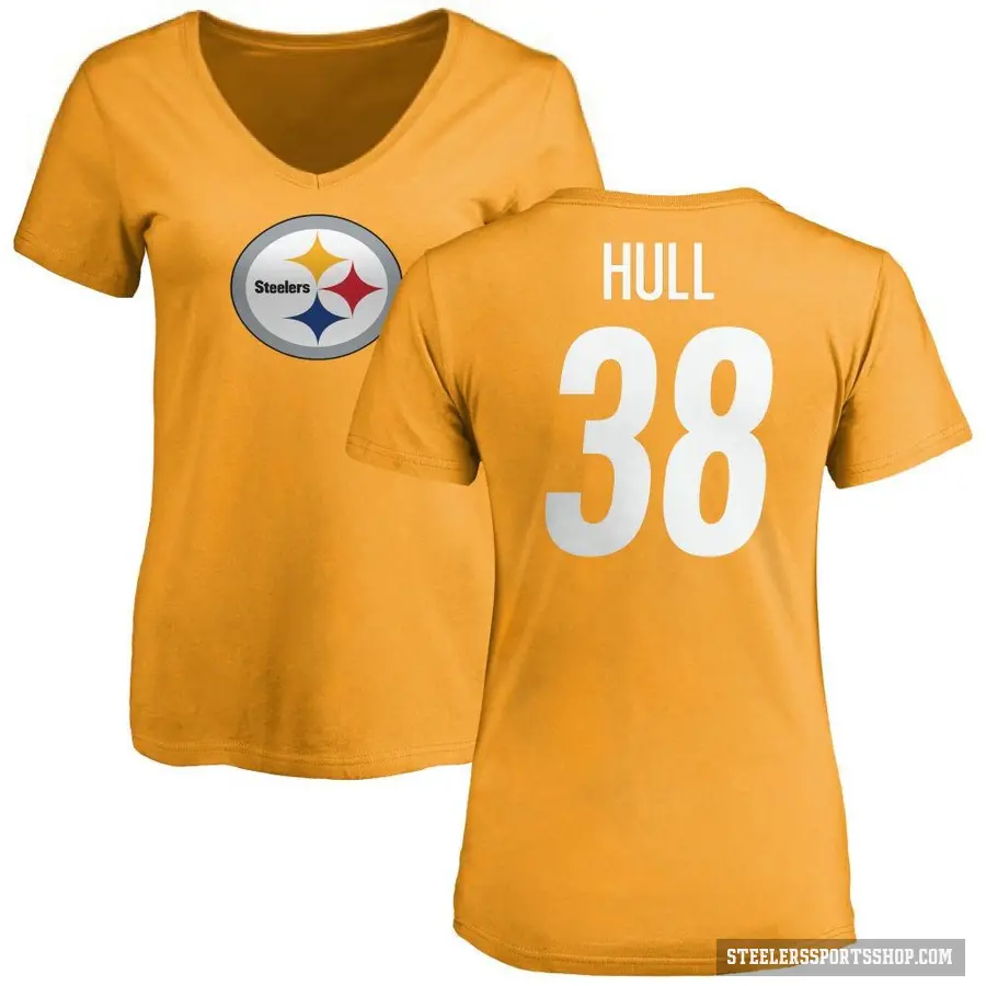 Women's ＃38 Evan Hull Pittsburgh Steelers Gold Logo Slim Fit T-Shirt