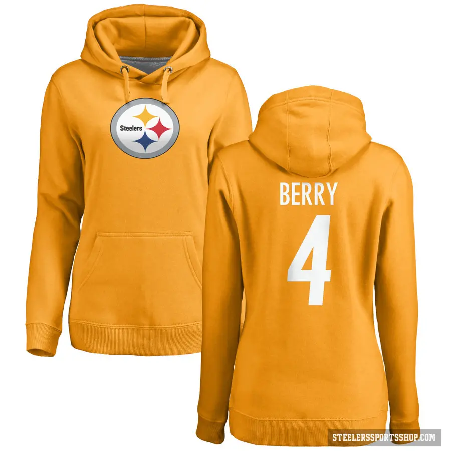Women's ＃4 Jordan Berry Pittsburgh Steelers Gold Pro Line Name & Number Logo Pullover Hoodie