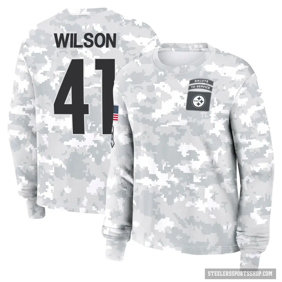 Women's ＃41 Payton Wilson Pittsburgh Steelers Camo Arctic 2024 Salute to Service Long Sleeve T-Shirt